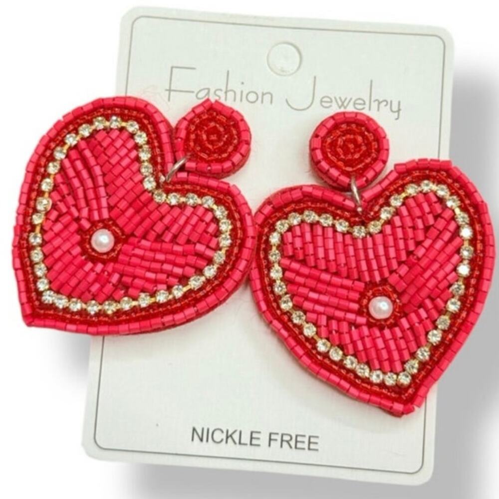 Boutique Red Beaded Heart Statement Earrings Sparkle Valentine Gift Nickel Free